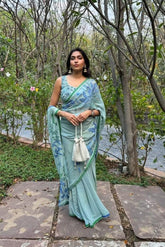 Mint silk georgette embroidered saree set